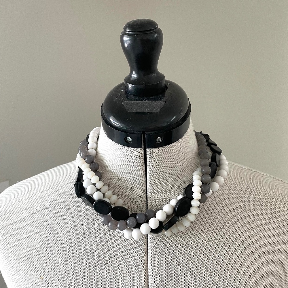 Vintage 4-Strand Torsade 21" Acrylic Bead Twist Necklace Black Gray White Ivory